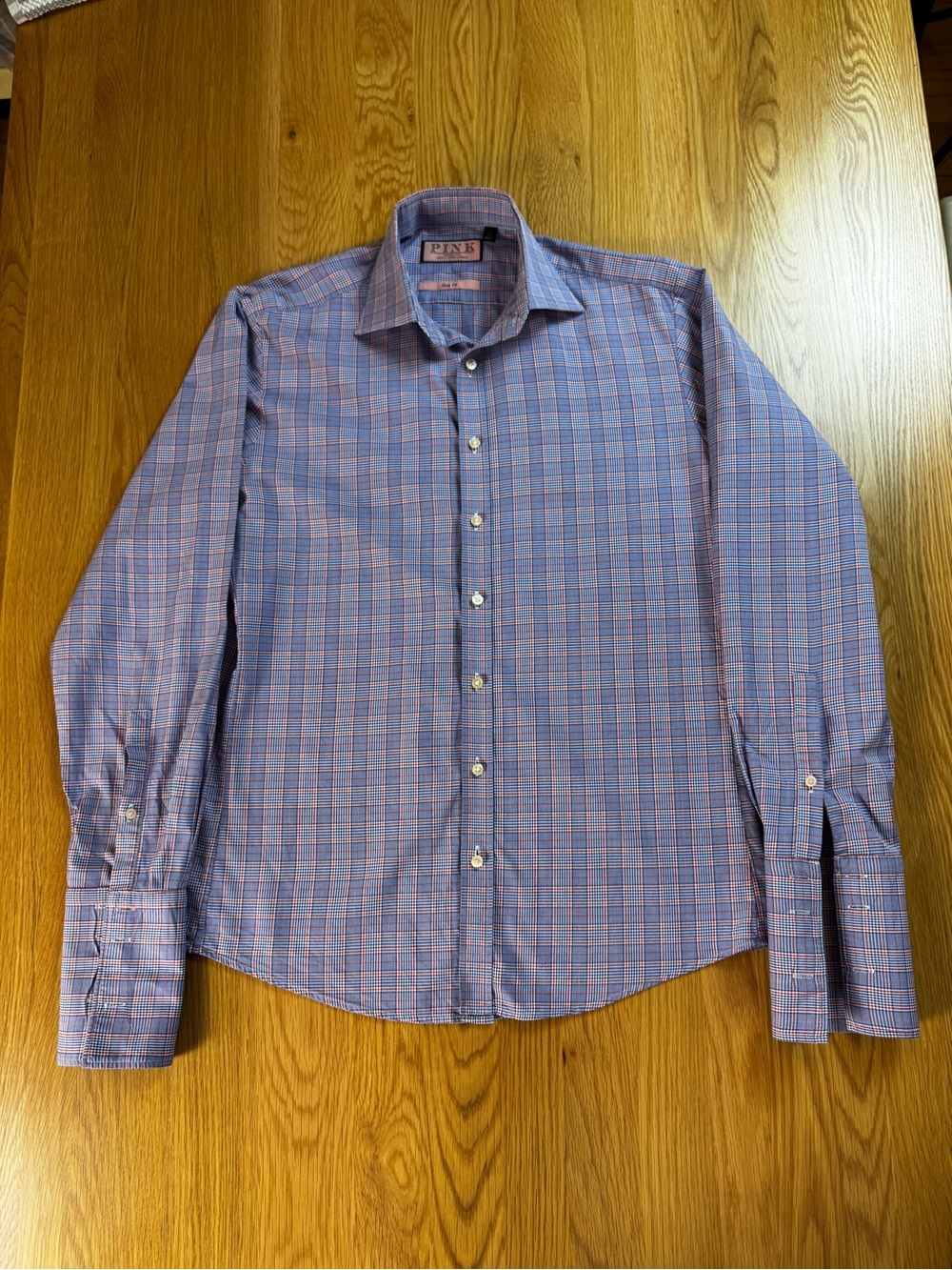 Thomas Pink Blue and Pink Checked Dress Shirt French Cuffs